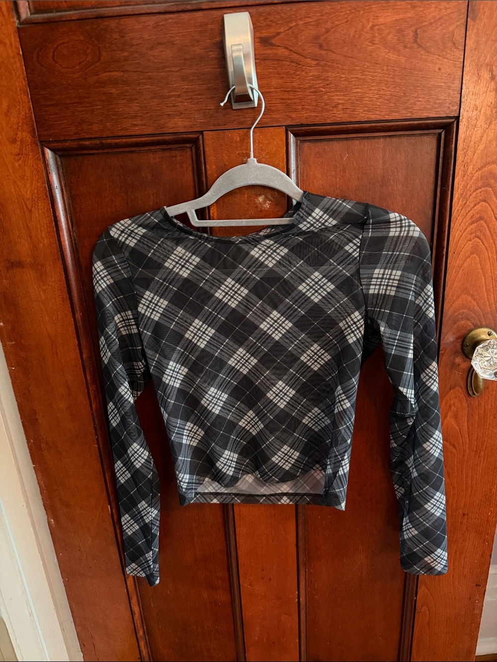 Hollister Black & Gray Plaid Mesh Long Sleeve Crop Top